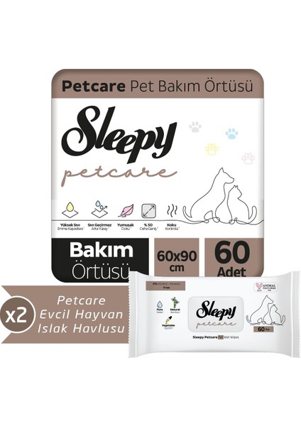 Petcare 2X30 Adet Pet Bakım Örtüsü + 2X60 Evcil Hayvan Islak Havlusu fiyatları