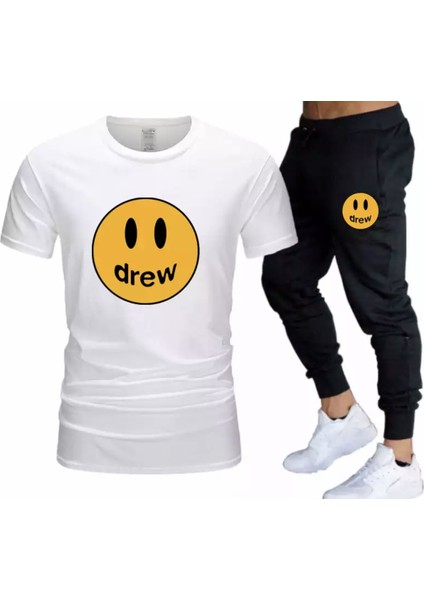 Drew Emoji Gülen Yüz Baskılı %100 Pamuk Kısa Kollu Yazlık Ultra Hafif Erkek Eşofman Takımı