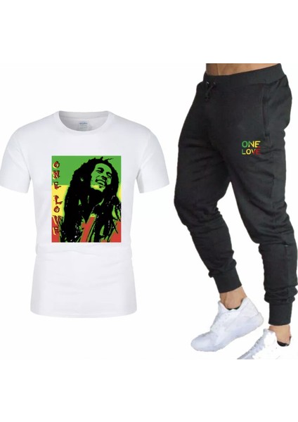 Bob Marley One Love Baskılı %100 Pamuk Kısa Kollu Yazlık Ultra Hafif Erkek Eşofman Takımı