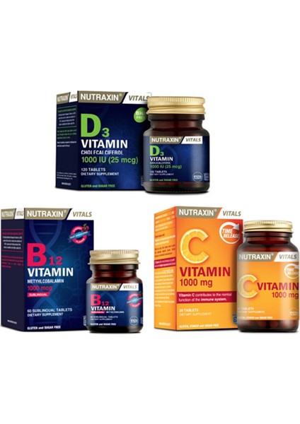 D3 Vitamini 1000 Iu 120 TABLET+B12 Vitamini 1000 Mcg 60 Dilaltı Tableti+C Vitamini 1000 Mg 30 Tablet