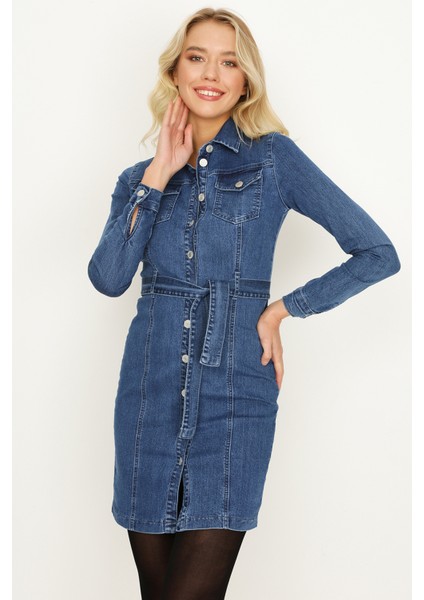Kadın Mavi Önden Düğmeli Kuşaklı Uzun Kollu Denim Elbise