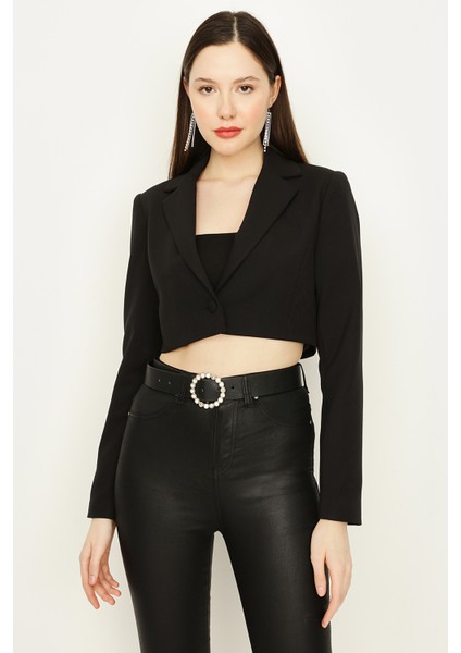 Kadın Mavi Tek Düğme Kapamalı Crop Blazer Ceket