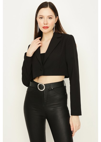 Kadın Mavi Tek Düğme Kapamalı Crop Blazer Ceket