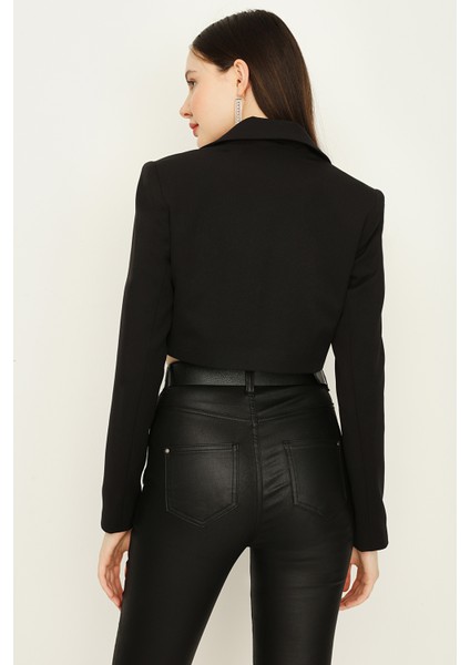 Select Moda Kadın Mavi Tek Düğme Kapamalı Crop Blazer Ceket