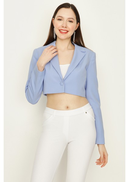 Select Moda Kadın Mavi Tek Düğme Kapamalı Crop Blazer Ceket