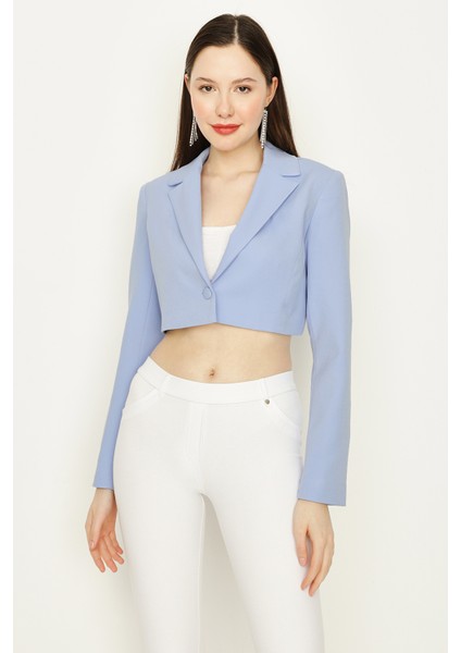 Select Moda Kadın Mavi Tek Düğme Kapamalı Crop Blazer Ceket