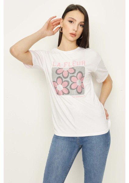 Kadın Siyah Taş Baskılı Basic T-Shirt