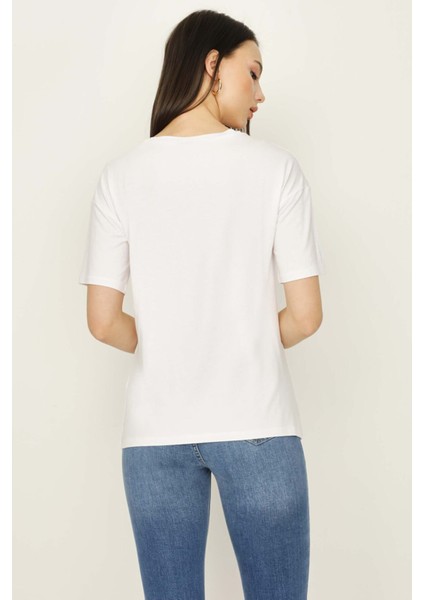 Kadın Siyah Taş Baskılı Basic T-Shirt