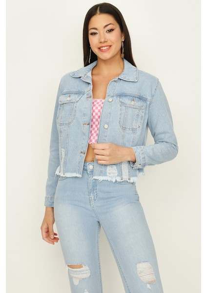 Select Moda Kadın Açık Mavi Düğmeli Etek Ucu Püsküllü Crop Denim Ceket