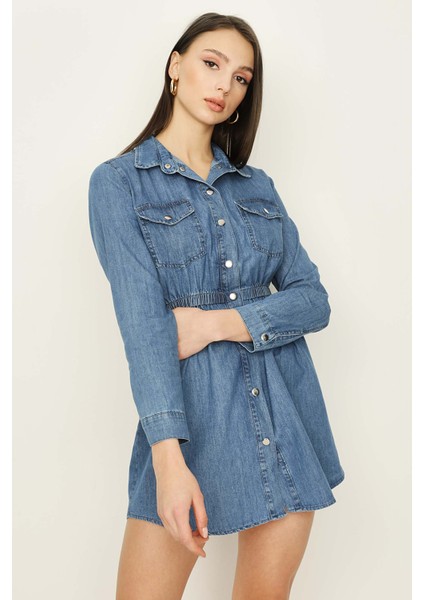 Kadın Mavi Beli Lastikli Denim Elbise