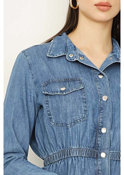 Kadın Mavi Beli Lastikli Denim Elbise