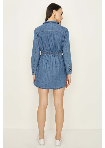 Kadın Mavi Beli Lastikli Denim Elbise