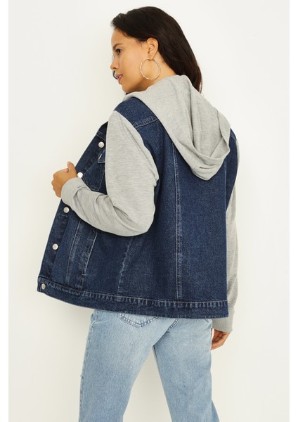 Kadın Siyah Kapüşonlu Kolları Penye Oversize Denim Ceket