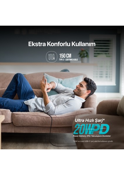 USB-C - Lightning Örgü Hızlı Şarj Kablosu 150CM.