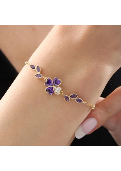 Pırlanta Montür Ametist Taşlı Kalp Yonca Form Gold Renk Gümüş Bileklik