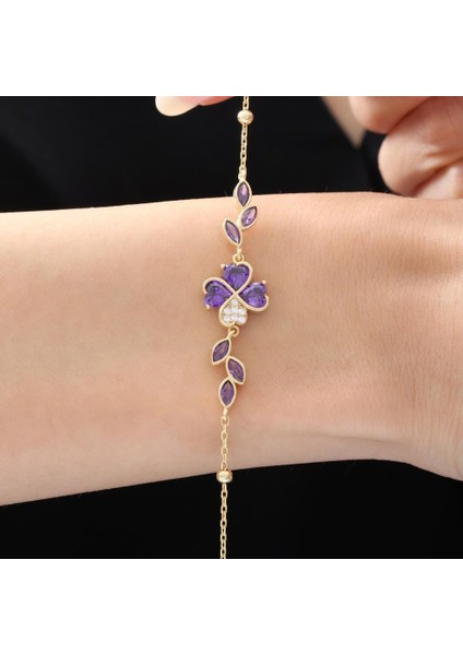 Pırlanta Montür Ametist Taşlı Kalp Yonca Form Gold Renk Gümüş Bileklik fiyatları