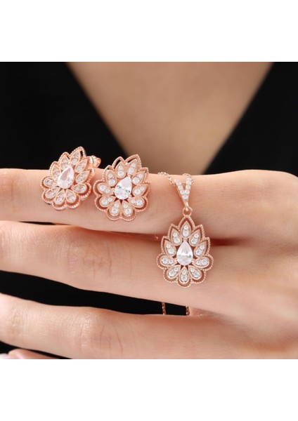 Pırlanta Montür Lotus Çiçeği Işıltılı Sadelik Mührü Rose Renk Gümüş Mini Set