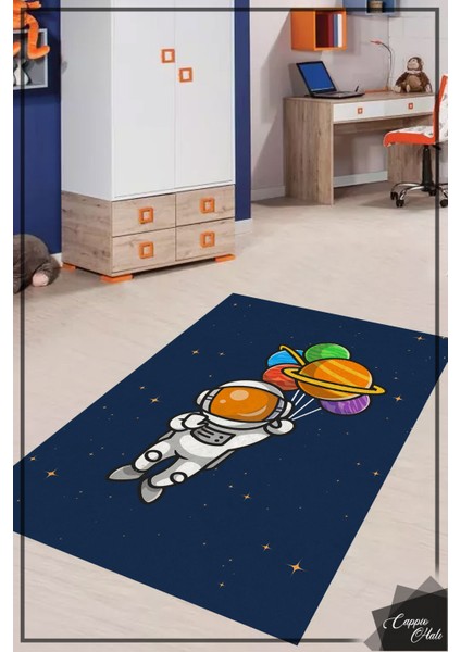 Esta Astronot Desenli Mavi Çocuk Odası Halısı (Makinada Yıkanabilir Kaymaz Dod Taban) - ES741