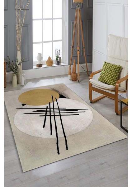 Woolly Çizgi Desenli Daire Motifli Halı (Makinada Yıkanabilir Kaymaz Dot Taban) - ES1223