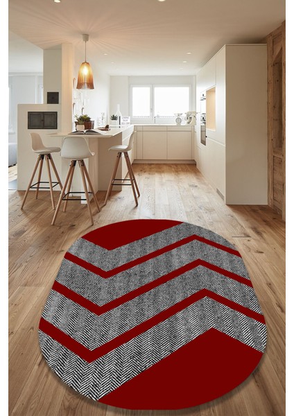 Woolly Çizgisel Kırmızı Zikzak Oval Halı (Makinada Yıkanabilir Kaymaz Dot Taban) - ES1252-2