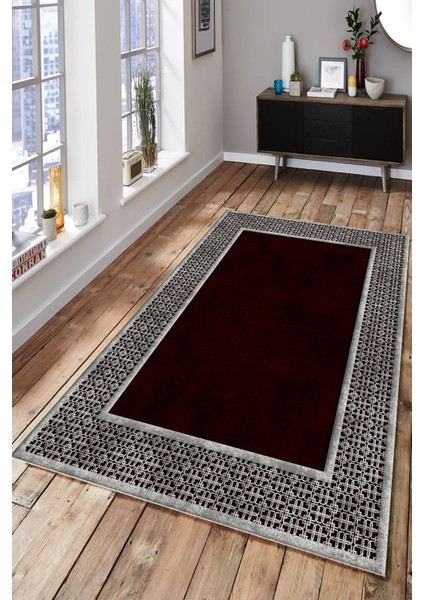 Woolly Etnik Desenli Gri-Bordo Halı (Makinada Yıkanabilir Kaymaz Dot Taban) - ES1139