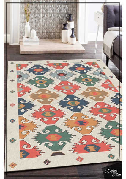 Woolly Geleneksel Kilim Desenli Krem Halı (Kaymaz Dod Taban Makinada Yıkanabilir) - ES656
