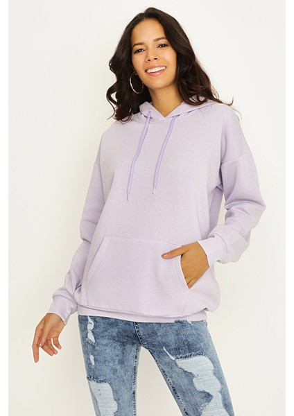 Select Moda Kadın Gri Kapüşonlu Basic Sweatshirt