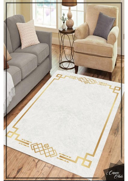 Woolly Gold Çerçevesi Motifli Beyaz Halı (Kaymaz Dod Taban Makinada Yıkanabilir 180X350) - ES1058