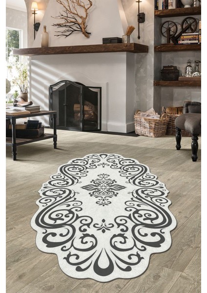 Woolly Göbek Motifli Gri Lazer Kesim Halı (Makinada Yıkanabilir Kaymaz Dot Taban) - ES1156