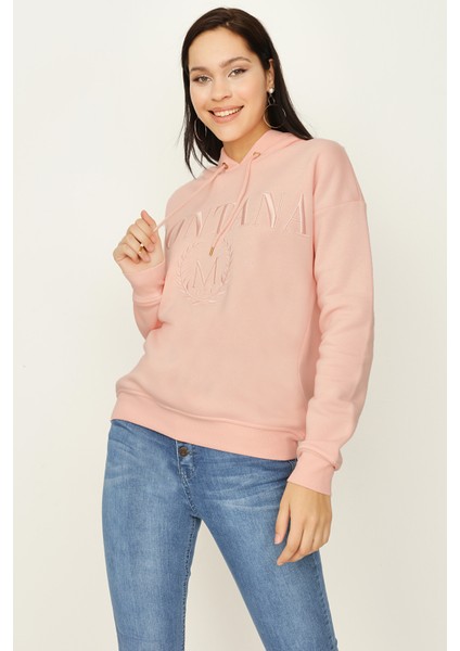 Select Moda Kadın Somon Kapüşonlu Şardonlu Sweatshirt