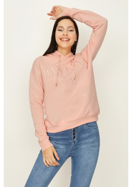 Select Moda Kadın Somon Kapüşonlu Şardonlu Sweatshirt