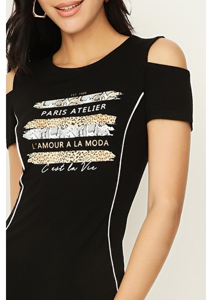 Kadın Siyah Omuz Dekolteli Örme Bodycon Elbise
