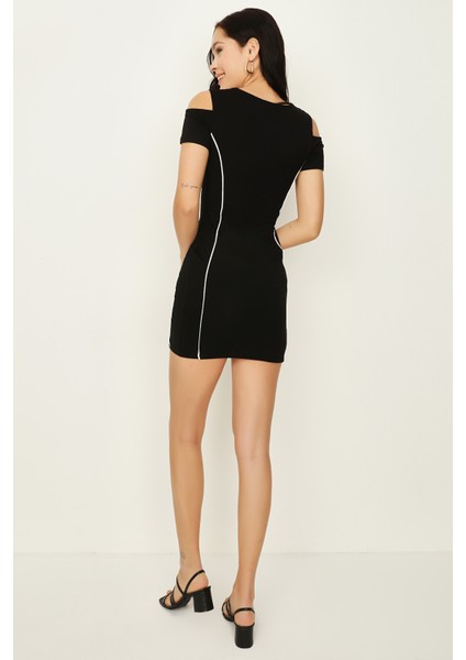 Kadın Siyah Omuz Dekolteli Örme Bodycon Elbise