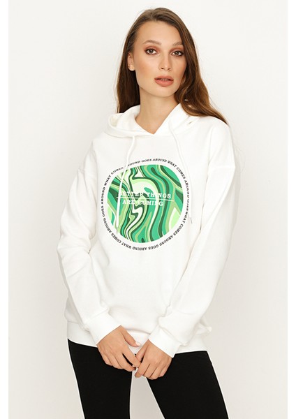 Select Moda Kadın Ekru Kapüşonlu Önü Baskılı Şardonlu Sweatshirt