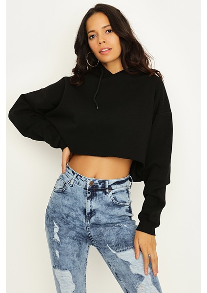 Select Moda Kadın Açık Pembe Kapüşonlu Crop Sweatshirt