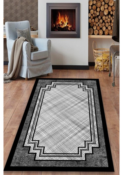 Woolly Gri-Siyah Jüt Desenli Halı (Makinada Yıkanabilir Kaymaz Dot Taban) - ES1273