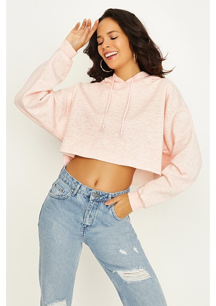 Select Moda Kadın Açık Pembe Kapüşonlu Crop Sweatshirt