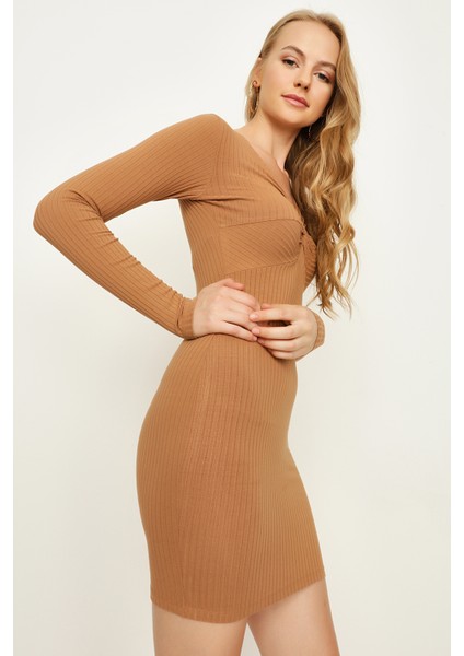 Select Moda Kadın Kahverengi V Yaka Mini Bodycon Elbise