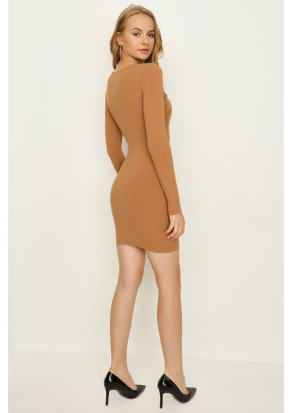 Select Moda Kadın Kahverengi V Yaka Mini Bodycon Elbise