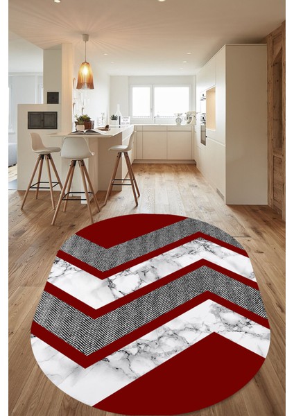 Woolly Kırmızı Zikzak ve Mermer Desenli Oval Halı (Makinada Yıkanabilir Kaymaz Dot Taban) - ES1255-2