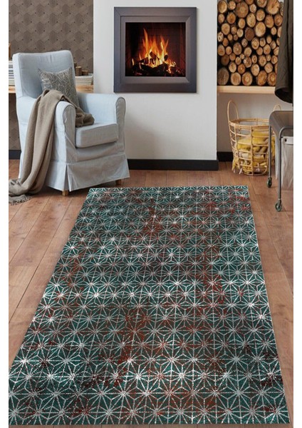 Woolly Kristal Desenli Yeşil Halı (Makinada Yıkanabilir Kaymaz Dot Taban) - ES1277