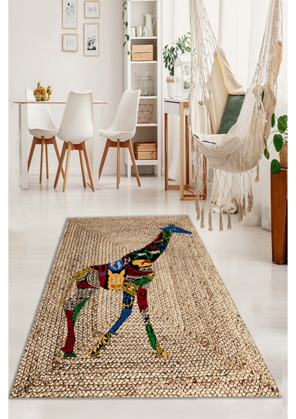 Woolly Renkli Zürafa Desenli Jüt Halı (Makinada Yıkanabilir Kaymaz Dot Taban) - ES1228