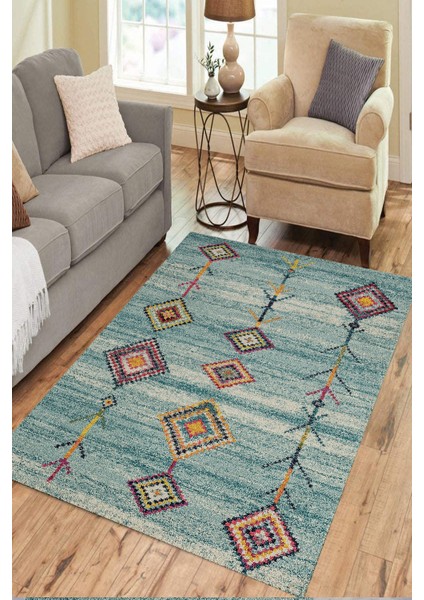 Woolly Şönil Klim Desenli Turkuaz Halı (Makinada Yıkanabilir Kaymaz Dot Taban) - ES1134