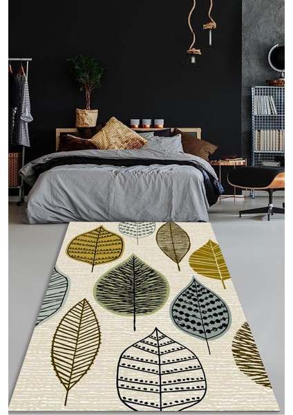 Woolly Yaprak Desenli Halı (Makinada Yıkanabilir Kaymaz Dot Taban) - ES1222