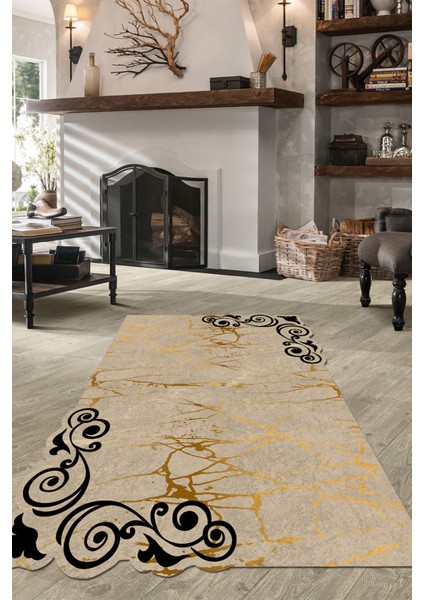 Esta Gold-Siyah Detaylı Lazer Kesim Halı (Makinada Yıkanabilir Kaymaz Dot Taban) - ES1166