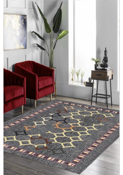 Esta Gri Kilim Desenli Halı (Makinada Yıkanabilir Kaymaz Dod Taban) - ES625