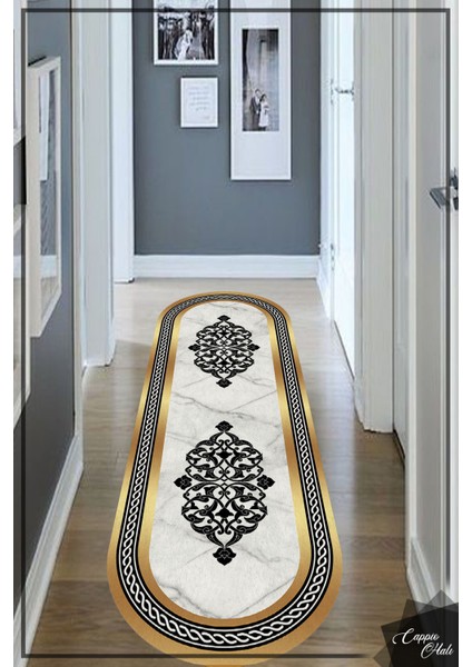 Esta Gold Çerçeveli Mermer Zeminli Oval Halı (Makinada Yıkanabilir Kaymaz Dod Taban) - ES1022