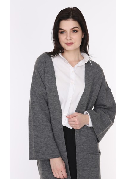 Kadın Kahve Kimono Kol Cepli V Yaka Hırka 4100