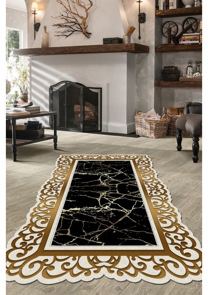 Esta Siyah Mermer Desenli Gold Lazer Kesim Halı (Makinada Yıkanabilir Kaymaz Dot Taban) - ES1164