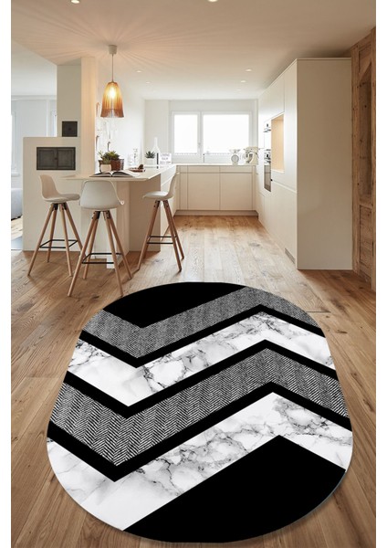 Esta Siyah Zikzak ve Mermer Desenli Oval Halı (Makinada Yıkanabilir Kaymaz Dot Taban) - ES1254-2